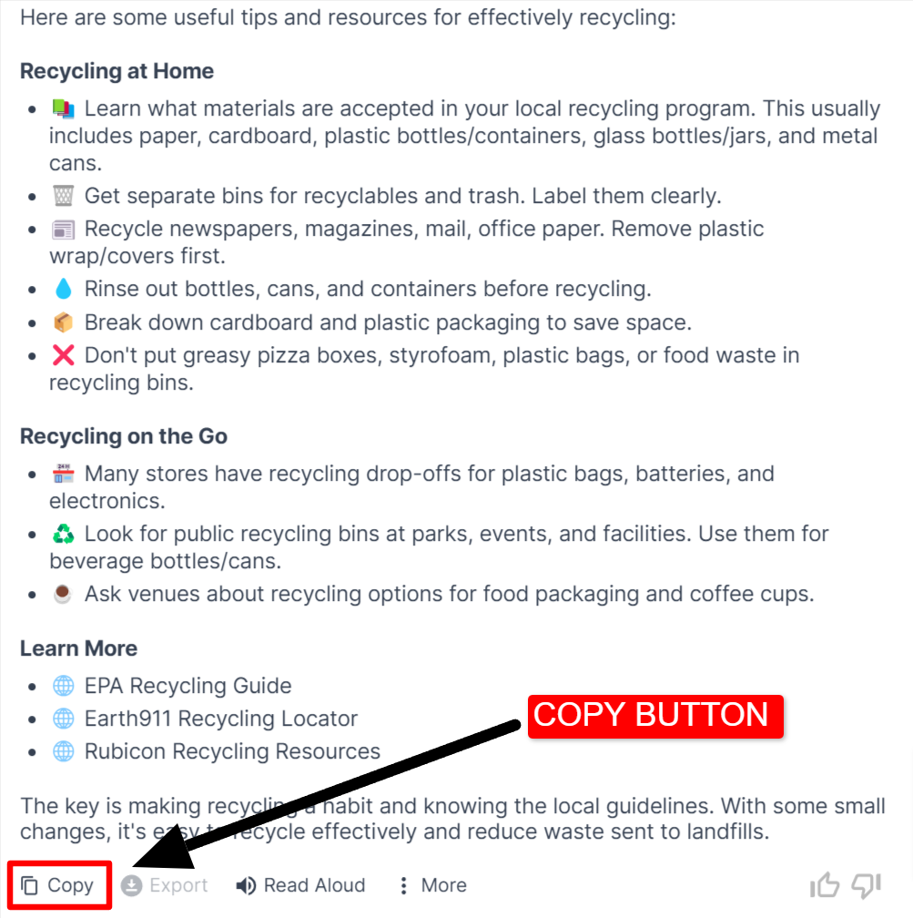 A screenshot of a second document about how to recycle effectively. Notice this screenshot is different from the other document about recycling effectively. This document includes tips on recycling at home, recycling on the go, and links for learning more. This document also has images for each bullet point.